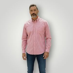 IZOD Mens XL Button Down Shirt Pink Check‎ Long Sleeve 100% Cotton Classic Fit